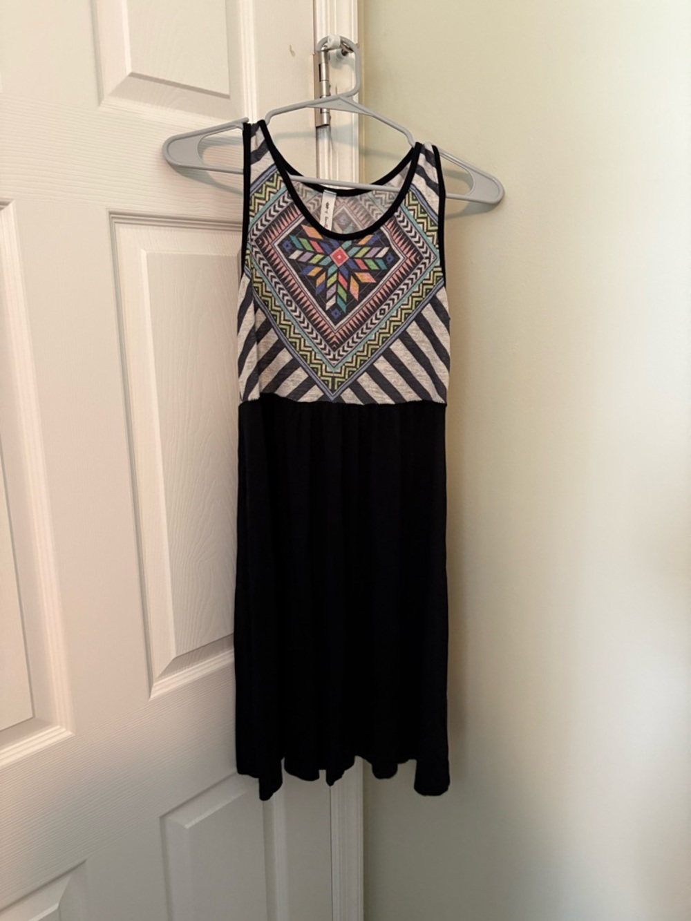 Vanilla Bay Black Midi Dress with Multicolor Geometric Bodice